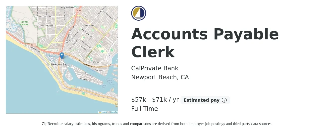 CalPrivate Bank job posting for a Accounts Payable Clerk in Newport Beach, CA with a salary of $57,300 to $71,200 Yearly with a map of Newport Beach location.