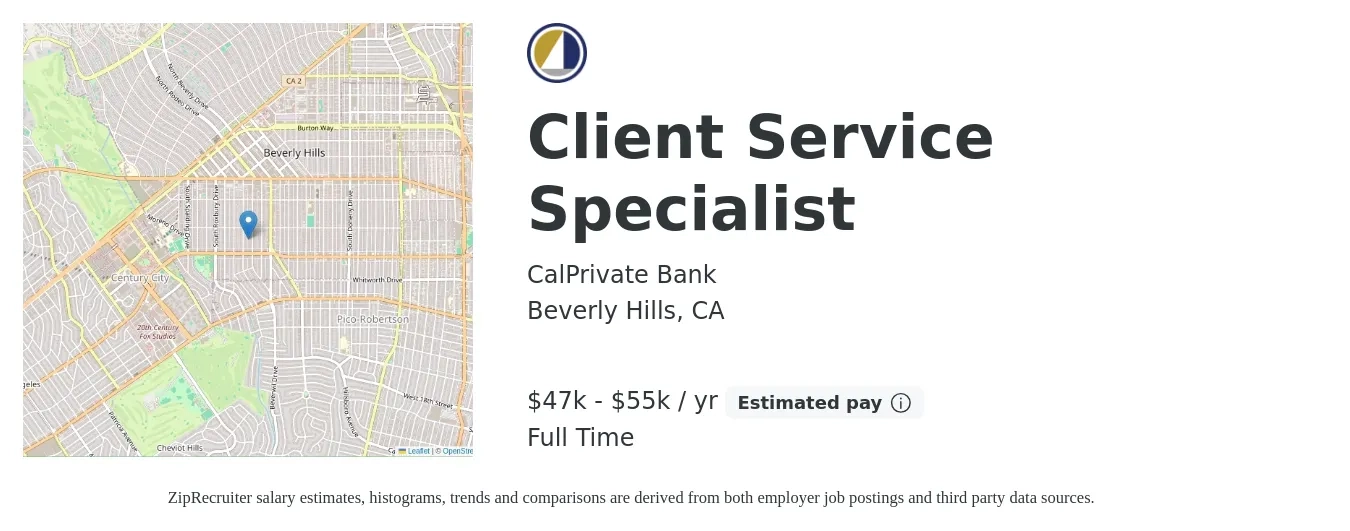 CalPrivate Bank job posting for a Client Service Specialist in Beverly Hills, CA with a salary of $47,000 to $55,000 Yearly with a map of Beverly Hills location.