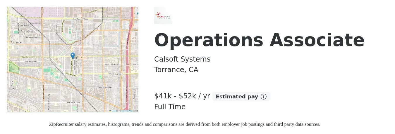 Calsoft Systems job posting for a Operations Associate in Torrance, CA with a salary of $41,000 to $52,000 Yearly with a map of Torrance location.