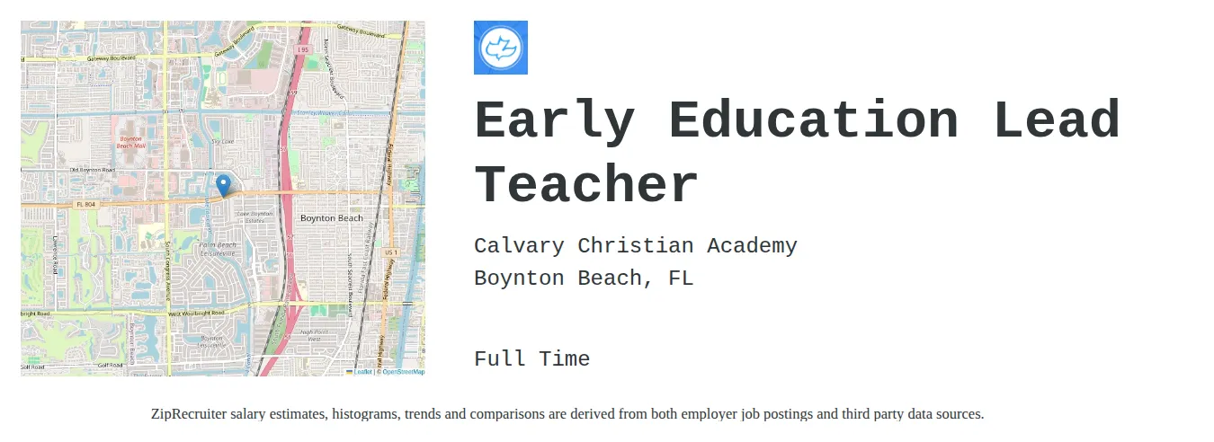 Calvary Christian Academy job posting for a Early Education Lead Teacher in Boynton Beach, FL with a salary of $14 to $19 Hourly with a map of Boynton Beach location.