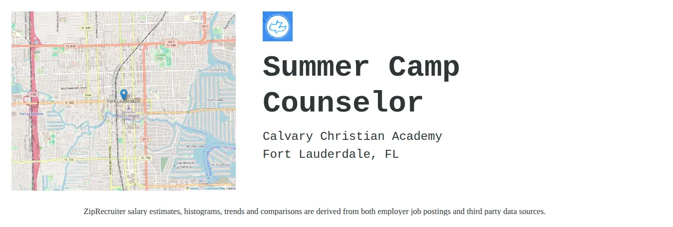 Calvary Christian Academy job posting for a Summer Camp Counselor in Fort Lauderdale, FL with a salary of $13 to $18 Hourly with a map of Fort Lauderdale location.