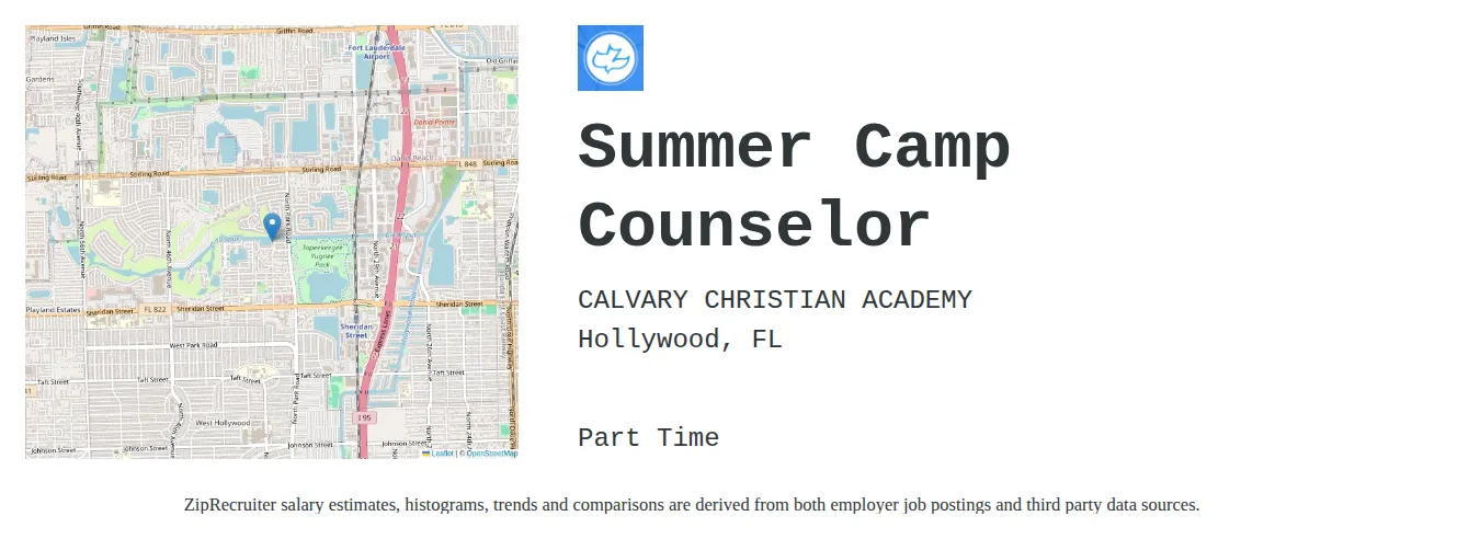 CALVARY CHRISTIAN ACADEMY job posting for a Summer Camp Counselor in Hollywood, FL with a salary of $13 to $17 Hourly with a map of Hollywood location.