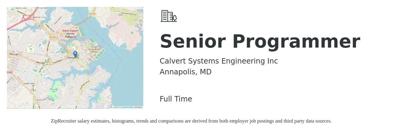 Calvert Systems Engineering Inc job posting for a Senior Programmer in Annapolis, MD with a salary of $45 to $64 Hourly with a map of Annapolis location.