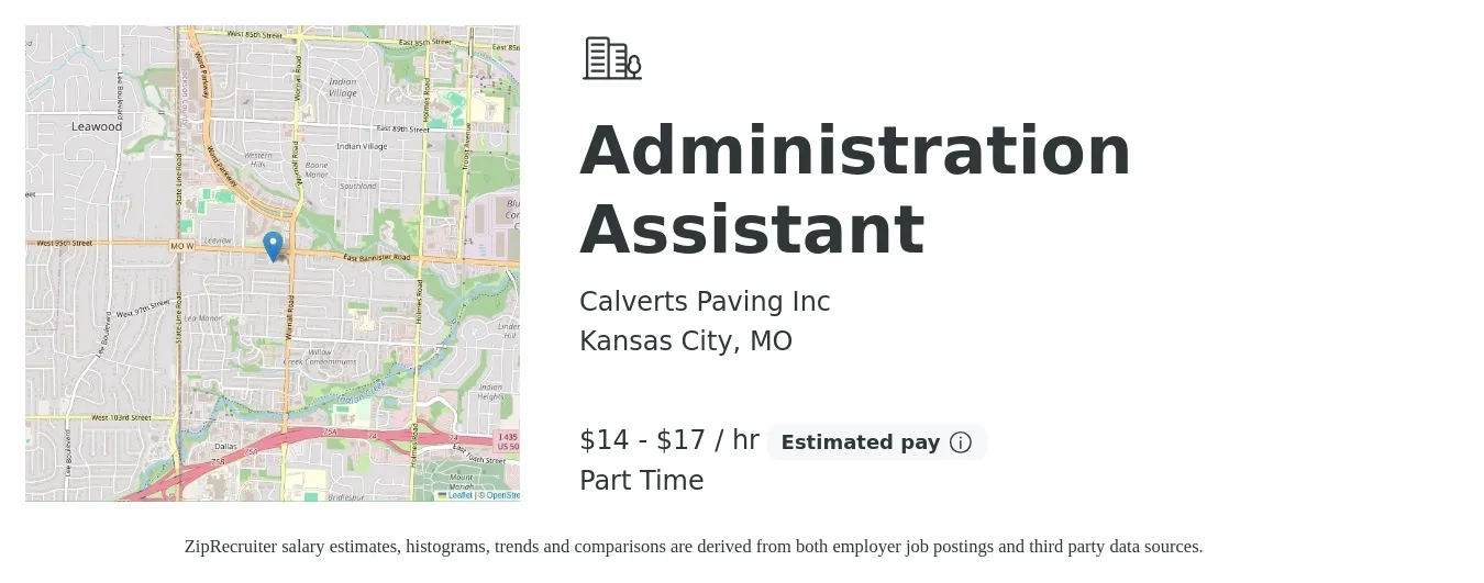 Calverts Paving Inc job posting for a Administration Assistant in Kansas City, MO with a salary of $15 to $18 Hourly with a map of Kansas City location.
