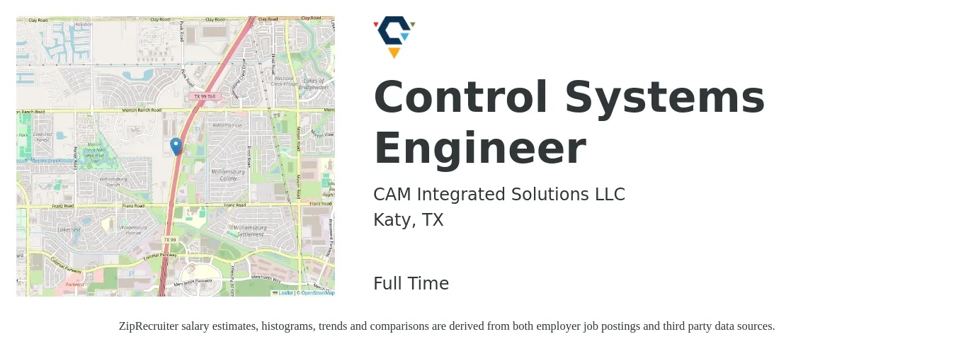 CAM Integrated Solutions LLC job posting for a Control Systems Engineer in Katy, TX with a salary of $72,500 to $109,200 Yearly with a map of Katy location.
