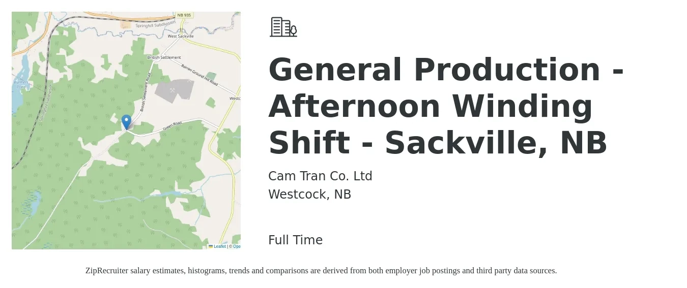 Cam Tran Co. Ltd job posting for a General Production - Afternoon Winding Shift - Sackville, NB in Westcock, NB with a salary of $24 to $29 Hourly with a map of Westcock location.