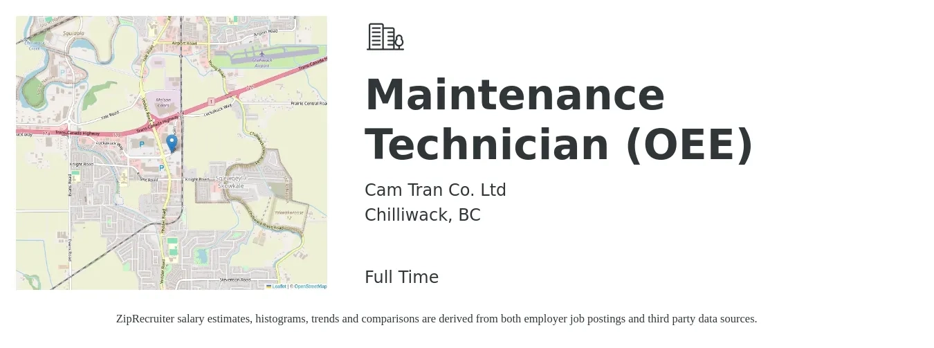Cam Tran Co. Ltd job posting for a Maintenance Technician (OEE) in Chilliwack, BC with a map of Chilliwack location.