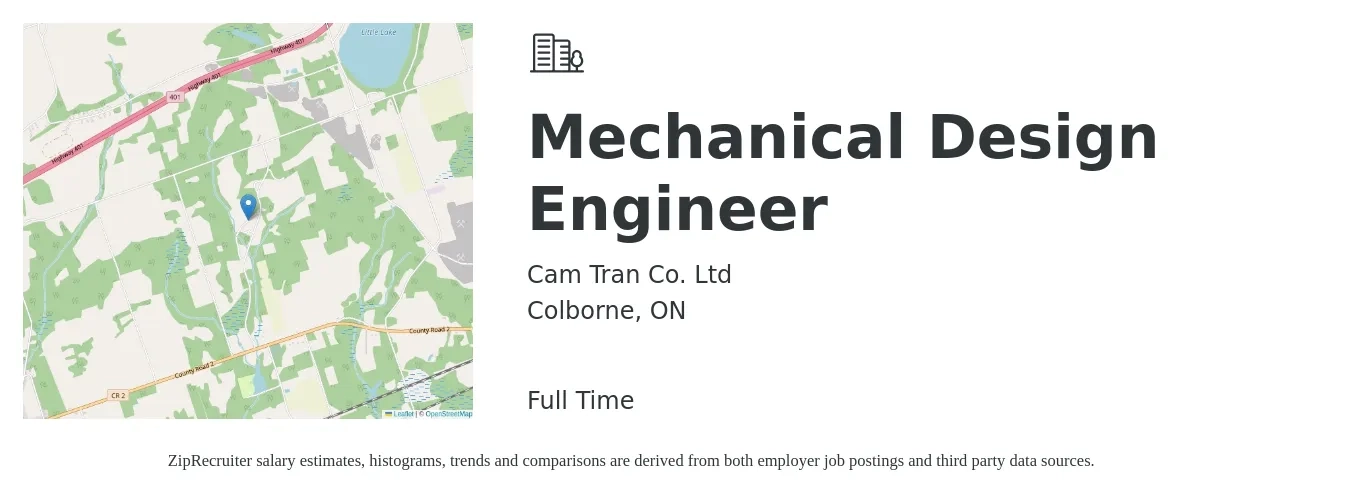 Cam Tran Co. Ltd job posting for a Mechanical Design Engineer in Colborne, ON with a map of Colborne location.
