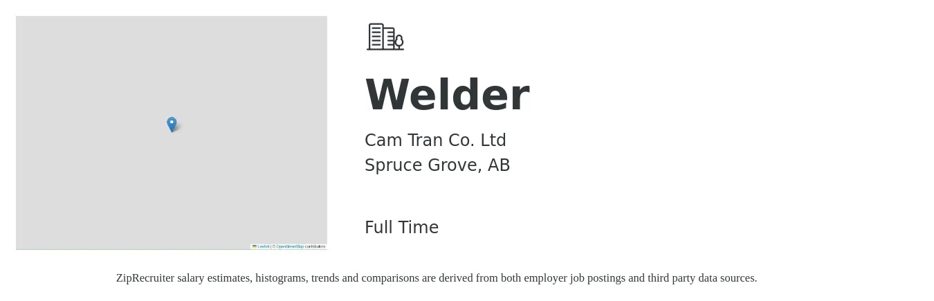 Cam Tran Co. Ltd job posting for a Welder in Spruce Grove, AB with a salary of $27 Hourly with a map of Spruce Grove location.