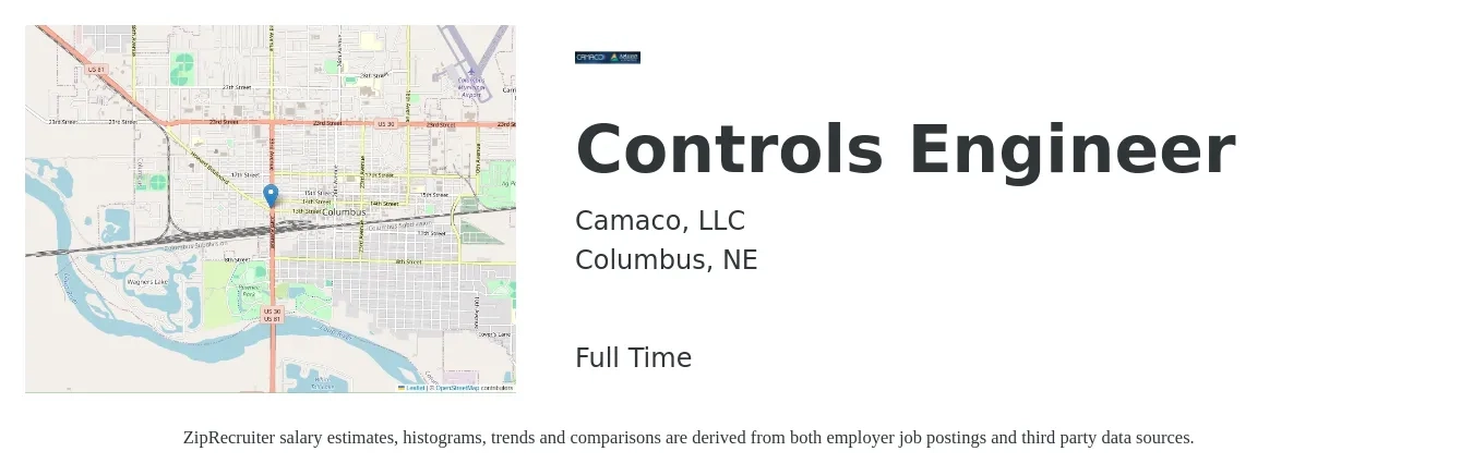 Camaco, LLC job posting for a Controls Engineer in Columbus, NE with a salary of $84,300 to $109,100 Yearly with a map of Columbus location.