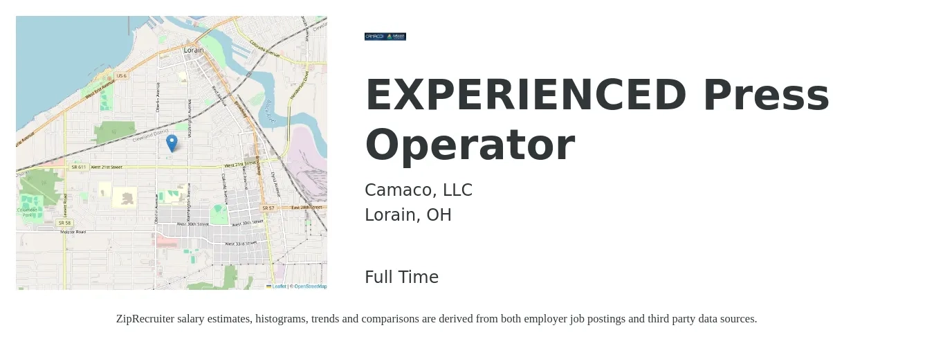 Camaco, LLC job posting for a EXPERIENCED Press Operator in Lorain, OH with a salary of $15 to $20 Hourly with a map of Lorain location.