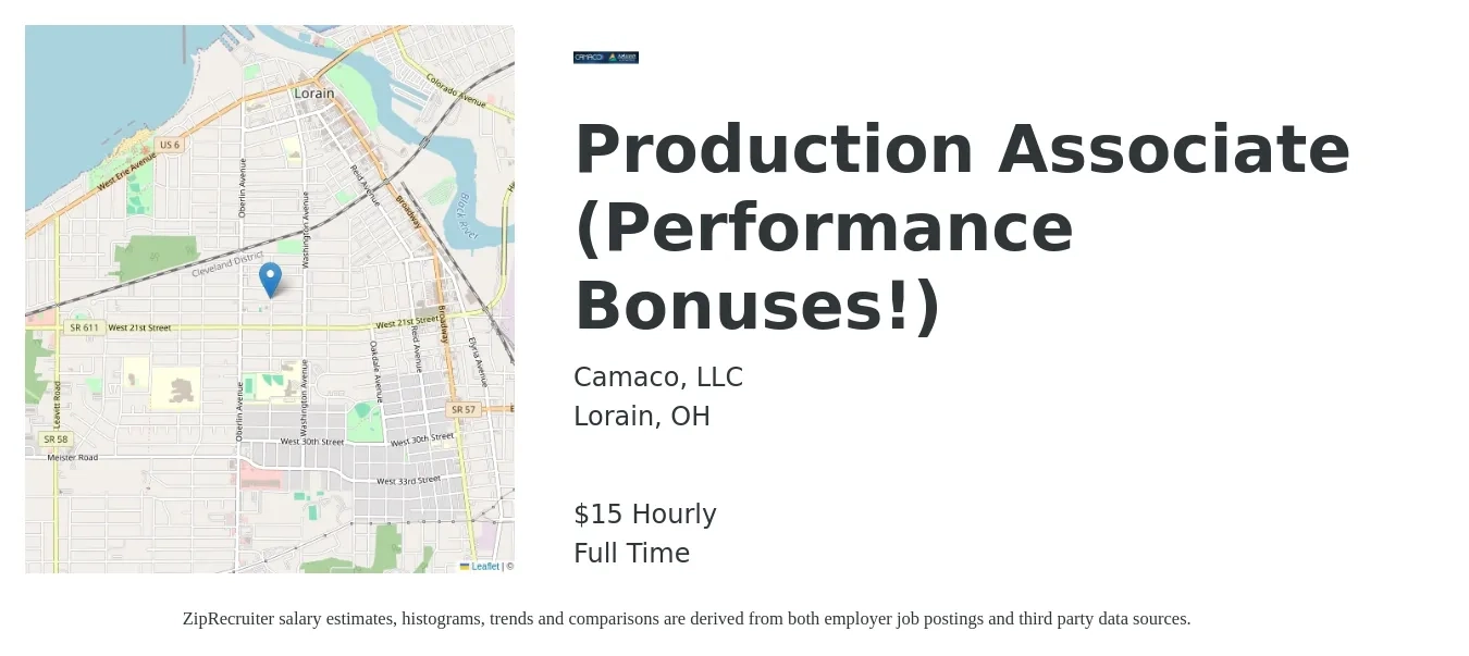 Camaco, LLC job posting for a Production Associate (Performance Bonuses!) in Lorain, OH with a salary of $14 to $18 Hourly with a map of Lorain location.