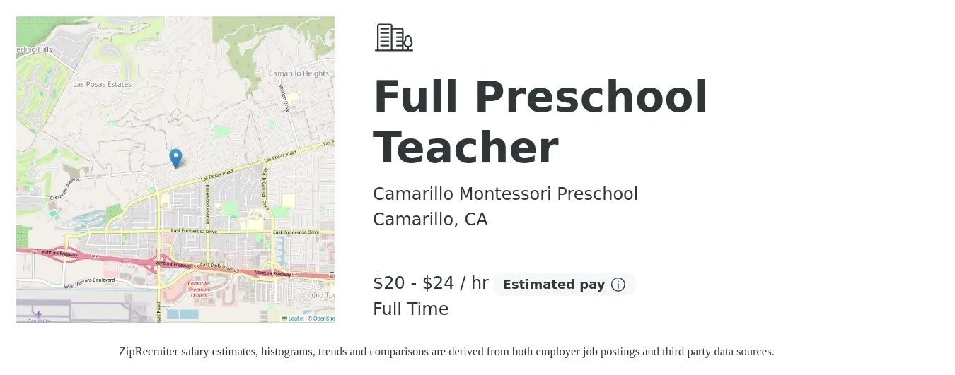 Camarillo Montessori Preschool job posting for a Full Preschool Teacher in Camarillo, CA with a salary of $21 to $25 Hourly with a map of Camarillo location.