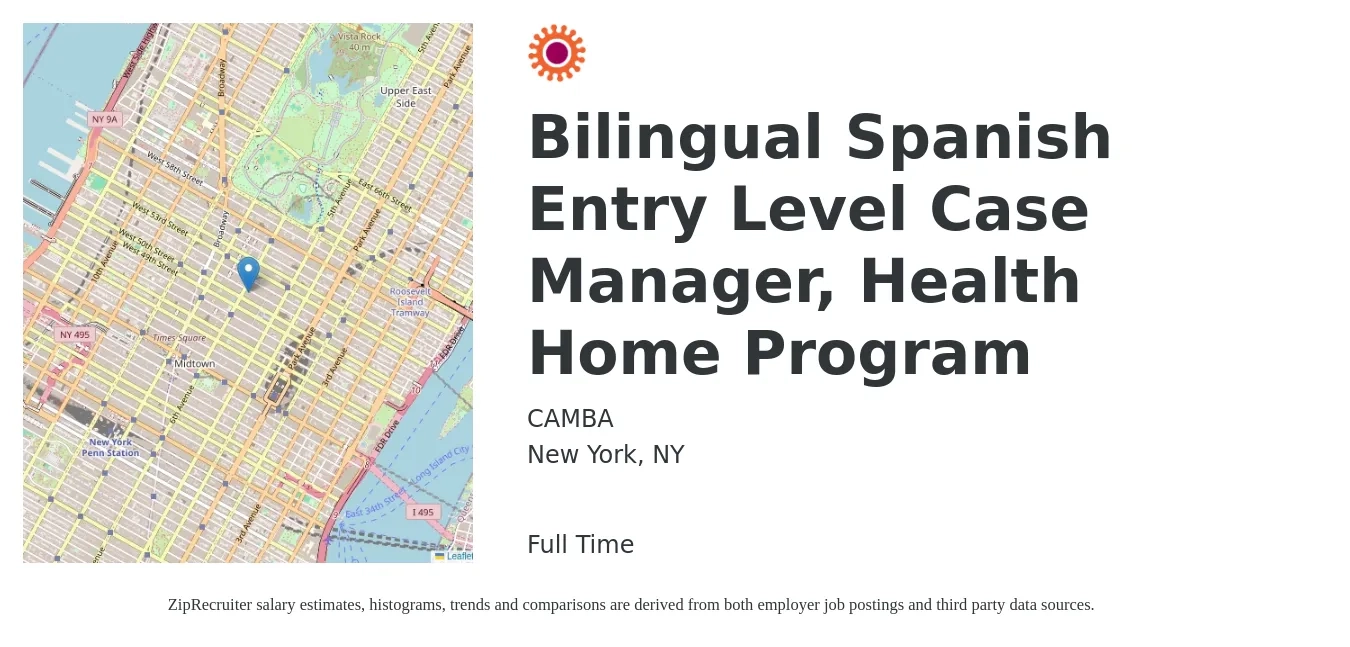 CAMBA job posting for a Bilingual Spanish Entry Level Case Manager, Health Home Program in New York, NY with a salary of $43,000 Yearly with a map of New York location.