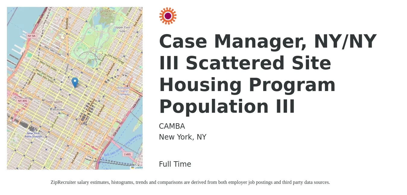 CAMBA job posting for a Case Manager, NY/NY III Scattered Site Housing Program Population III in New York, NY with a salary of $48,000 Yearly with a map of New York location.