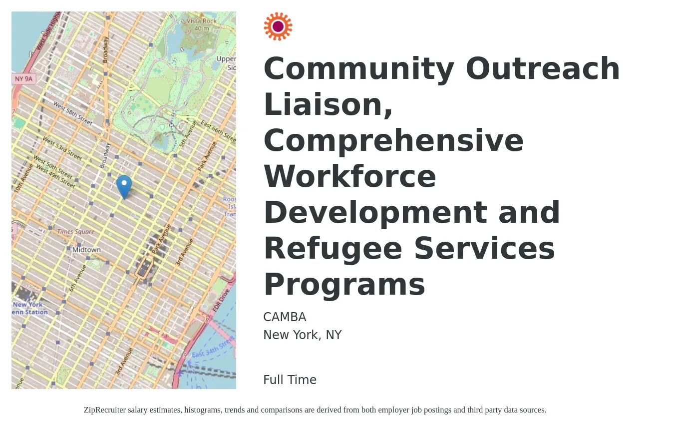 CAMBA job posting for a Community Outreach Liaison, Comprehensive Workforce Development and Refugee Services Programs in New York, NY with a salary of $43,100 to $63,100 Yearly with a map of New York location.
