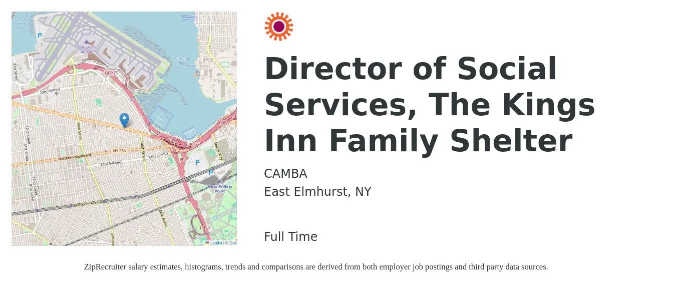 CAMBA job posting for a Director of Social Services, The Kings Inn Family Shelter in East Elmhurst, NY with a salary of $28 to $39 Hourly with a map of East Elmhurst location.