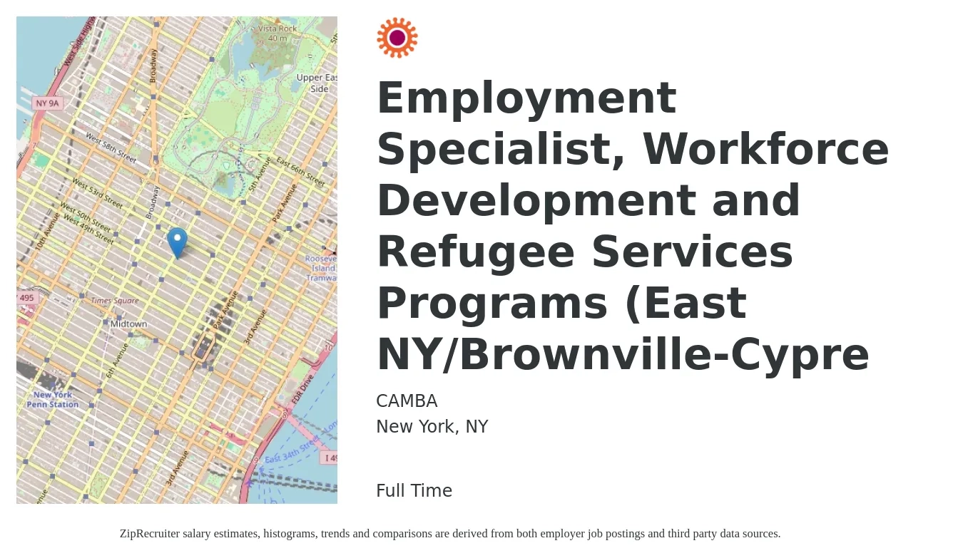 CAMBA job posting for a Employment Specialist, Workforce Development and Refugee Services Programs (East NY/Brownville-Cypre in New York, NY with a salary of $55,000 Yearly with a map of New York location.