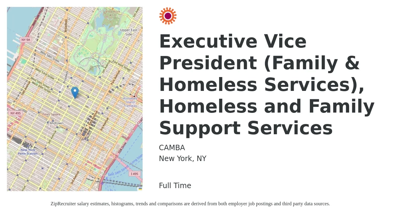 CAMBA job posting for a Executive Vice President (Family & Homeless Services), Homeless and Family Support Services in New York, NY with a salary of $121,000 to $199,900 Yearly with a map of New York location.