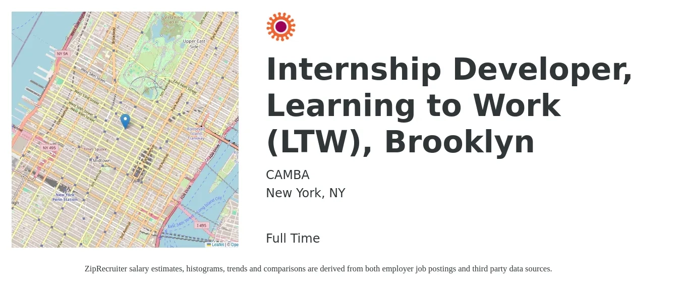 CAMBA job posting for a Internship Developer, Learning to Work (LTW), Brooklyn in New York, NY with a salary of $42,000 Yearly with a map of New York location.