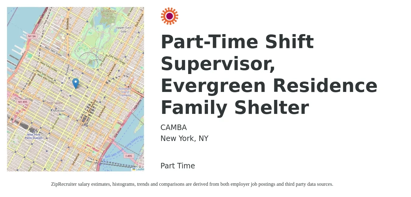 CAMBA job posting for a Part-Time Shift Supervisor, Evergreen Residence Family Shelter in New York, NY with a salary of $24 Hourly with a map of New York location.