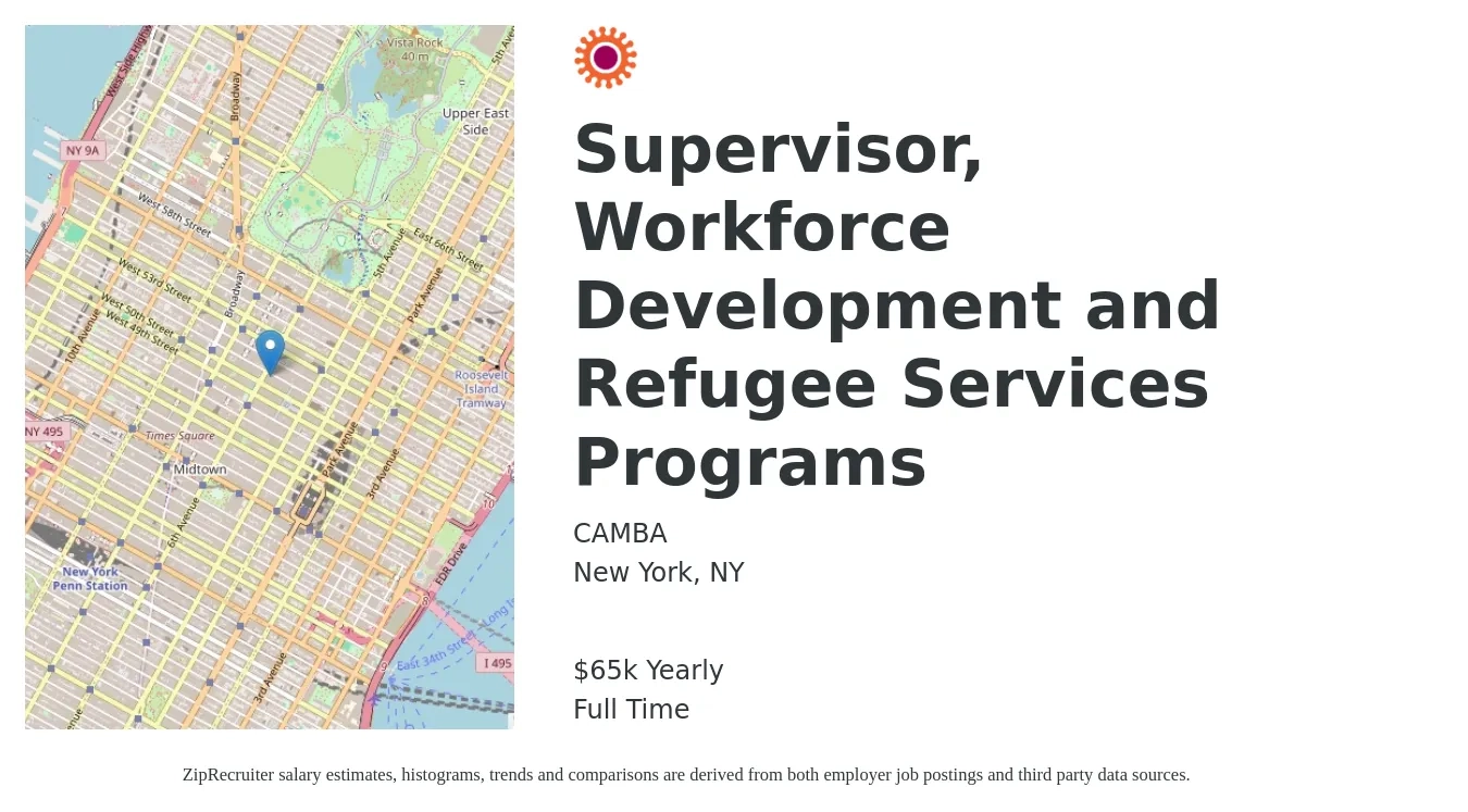 CAMBA job posting for a Supervisor, Workforce Development and Refugee Services Programs in New York, NY with a salary of $65,000 Yearly with a map of New York location.