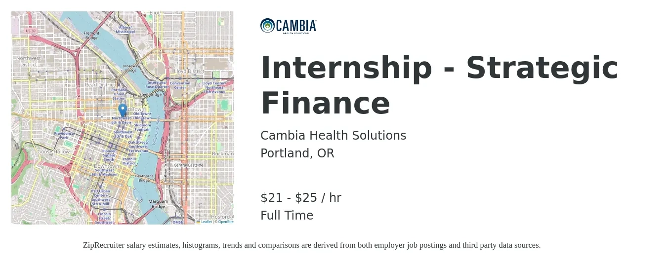 Cambia Health Solutions job posting for a Internship - Strategic Finance in Portland, OR with a salary of $22 to $27 Hourly with a map of Portland location.