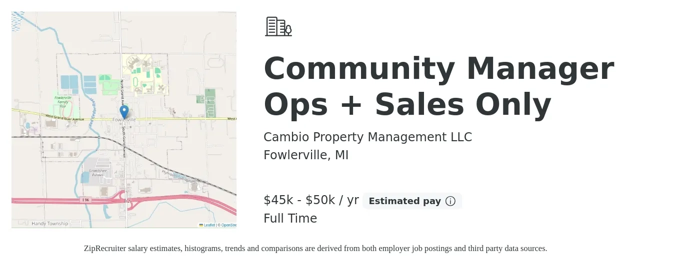 Cambio Property Management LLC job posting for a Community Manager Ops + Sales Only in Fowlerville, MI with a salary of $45,000 to $50,000 Yearly with a map of Fowlerville location.