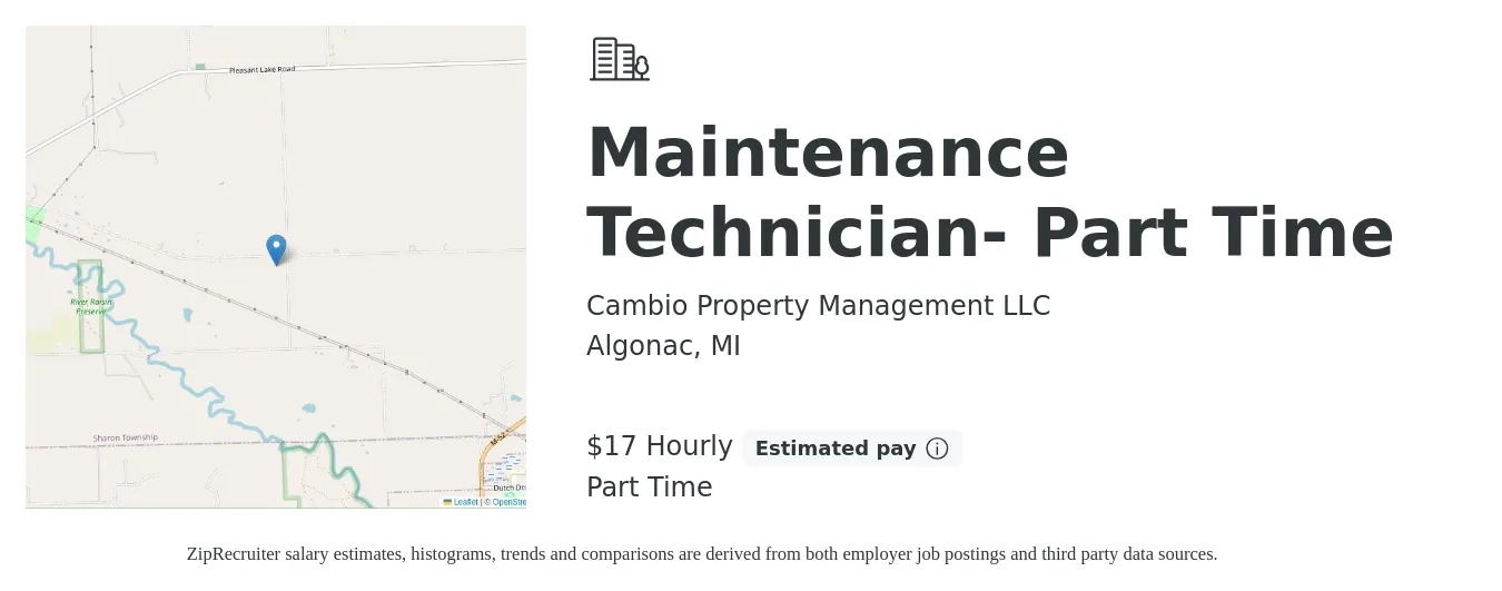 Cambio Property Management LLC job posting for a Maintenance Technician- Part Time in Algonac, MI with a salary of $18 Hourly with a map of Algonac location.