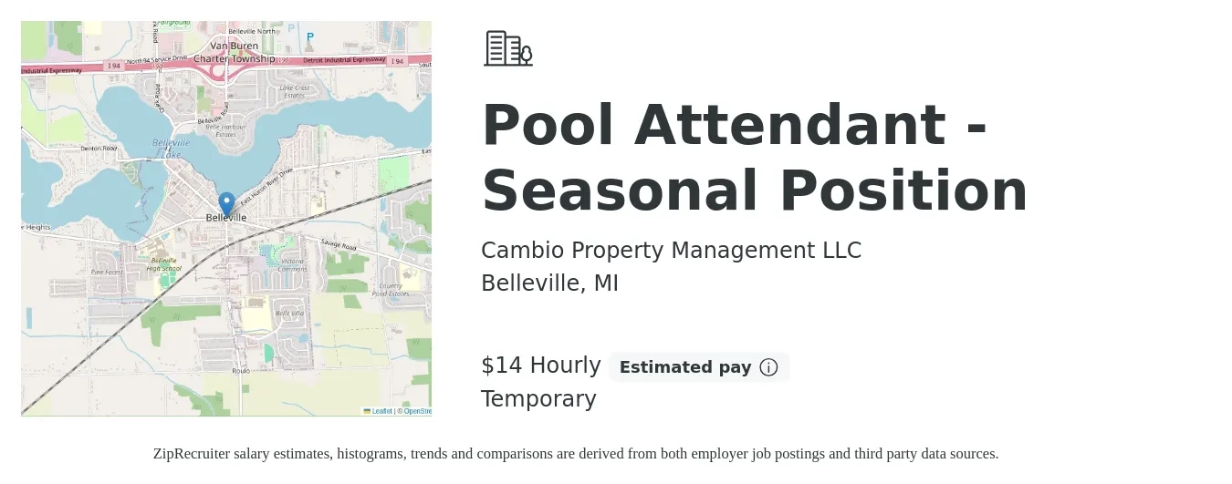 Cambio Property Management LLC job posting for a Pool Attendant - Seasonal Position in Belleville, MI with a salary of $15 Hourly with a map of Belleville location.
