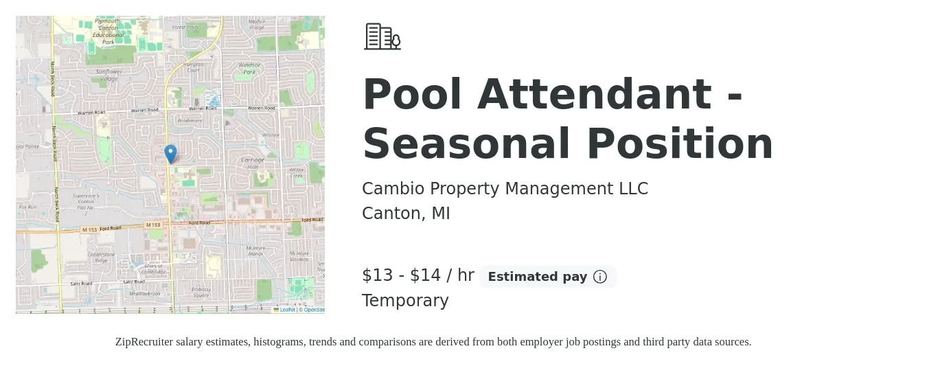 Cambio Property Management LLC job posting for a Pool Attendant - Seasonal Position in Canton, MI with a salary of $14 to $15 Hourly with a map of Canton location.