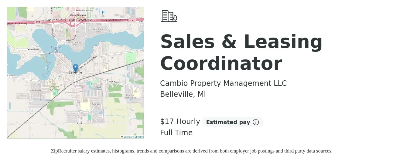 Cambio Property Management LLC job posting for a Sales & Leasing Coordinator in Belleville, MI with a salary of $18 Hourly with a map of Belleville location.