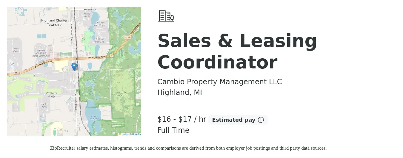 Cambio Property Management LLC job posting for a Sales & Leasing Coordinator in Highland, MI with a salary of $17 to $18 Yearly with a map of Highland location.