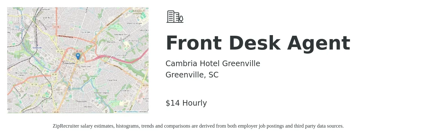 Cambria Hotel Greenville job posting for a Front Desk Agent in Greenville, SC with a salary of $15 Hourly with a map of Greenville location.