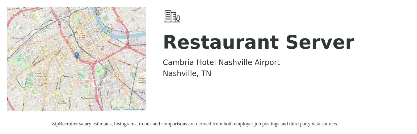 Cambria Hotel Nashville Airport job posting for a Restaurant Server in Nashville, TN with a salary of $10 to $16 Hourly with a map of Nashville location.