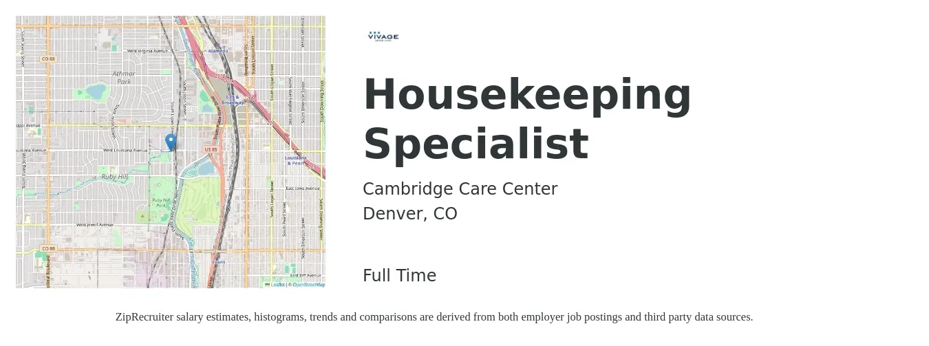 Cambridge Care Center job posting for a Housekeeping Specialist in Denver, CO with a salary of $18 to $21 Hourly with a map of Denver location.