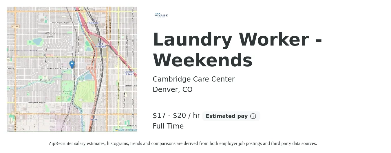 Cambridge Care Center job posting for a Laundry Worker - Weekends in Denver, CO with a salary of $18 to $21 Hourly with a map of Denver location.