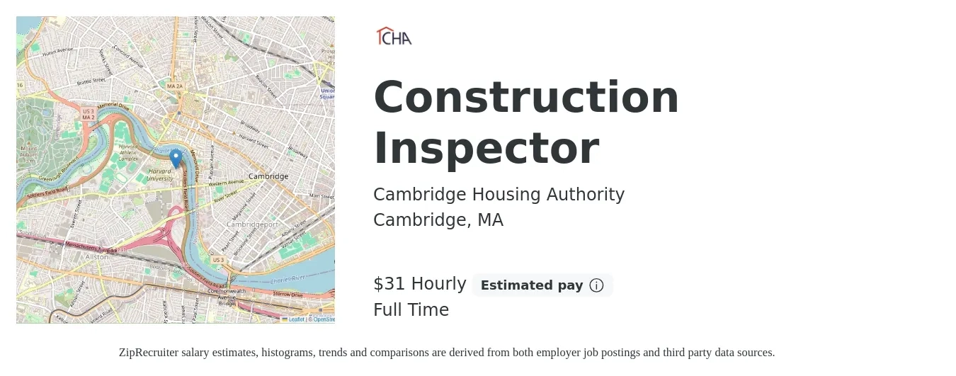 Cambridge Housing Authority job posting for a Construction Inspector in Cambridge, MA with a salary of $33 Hourly with a map of Cambridge location.