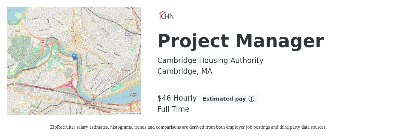 Cambridge Housing Authority job posting for a Project Manager in Cambridge, MA with a salary of $48 Hourly with a map of Cambridge location.