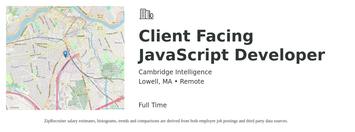 Cambridge Intelligence job posting for a Client Facing JavaScript Developer in Lowell, MA with a salary of $65,500 to $126,900 Yearly with a map of Lowell location.