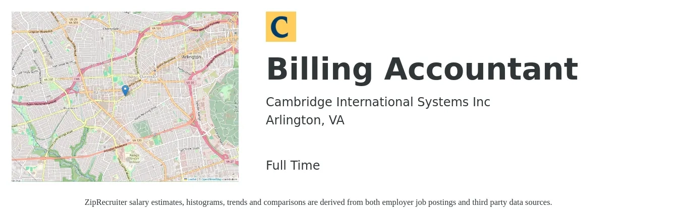 Cambridge International Systems Inc job posting for a Billing Accountant in Arlington, VA with a salary of $61,600 to $90,500 Yearly with a map of Arlington location.
