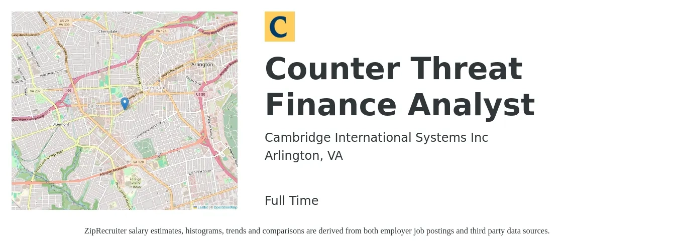 Cambridge International Systems Inc job posting for a Counter Threat Finance Analyst in Arlington, VA with a salary of $65,100 to $129,100 Yearly with a map of Arlington location.