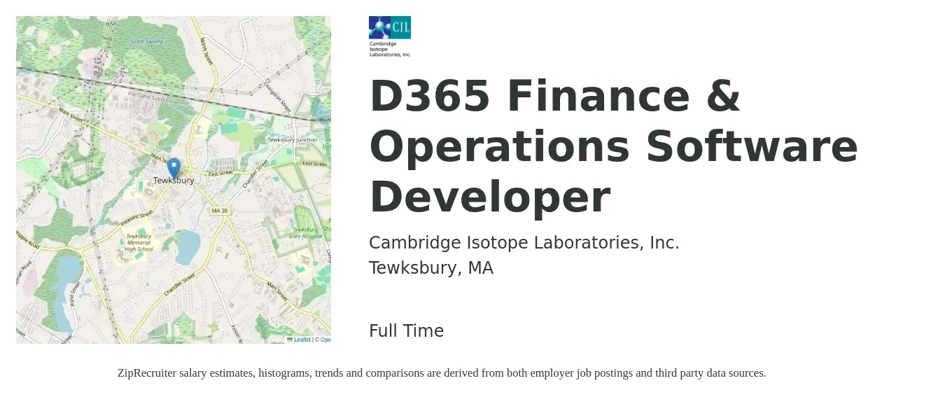 Cambridge Isotope Laboratories, Inc. job posting for a D365 Finance & Operations Software Developer in Tewksbury, MA with a salary of $97,000 to $140,100 Yearly with a map of Tewksbury location.