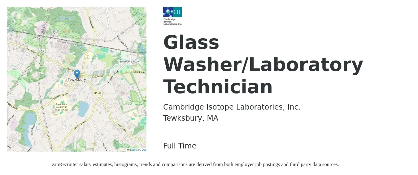 Cambridge Isotope Laboratories, Inc. job posting for a Glass Washer/Laboratory Technician in Tewksbury, MA with a salary of $22 to $31 Hourly with a map of Tewksbury location.