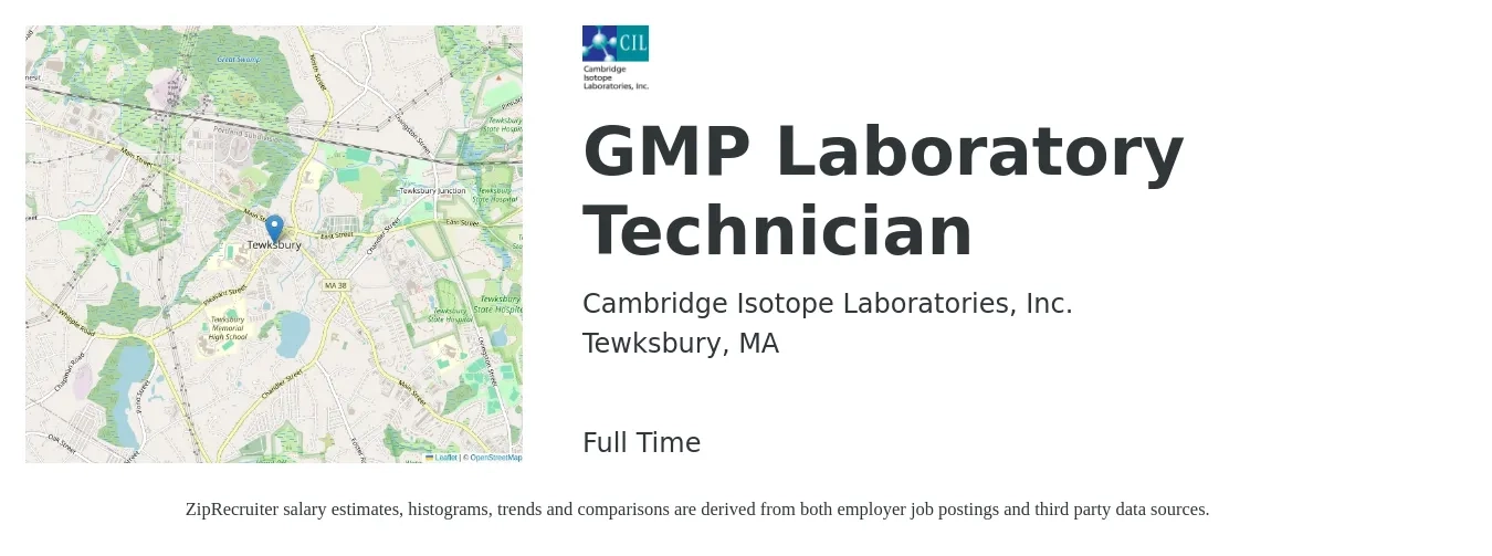 Cambridge Isotope Laboratories, Inc. job posting for a GMP Laboratory Technician in Tewksbury, MA with a salary of $20 to $27 Hourly with a map of Tewksbury location.