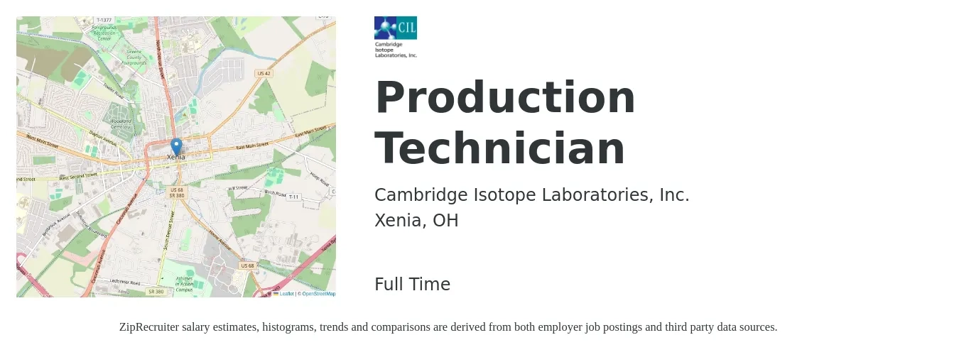 Cambridge Isotope Laboratories, Inc. job posting for a Production Technician in Xenia, OH with a salary of $15 to $19 Hourly with a map of Xenia location.