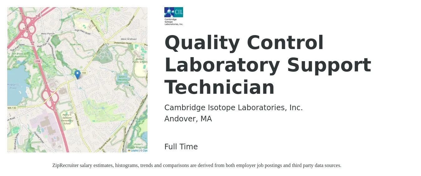 Cambridge Isotope Laboratories, Inc. job posting for a Quality Control Laboratory Support Technician in Andover, MA with a salary of $20 to $25 Hourly with a map of Andover location.