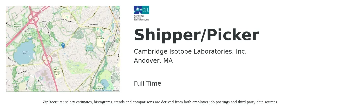 Cambridge Isotope Laboratories, Inc. job posting for a Shipper/Picker in Andover, MA with a salary of $17 to $20 Hourly with a map of Andover location.