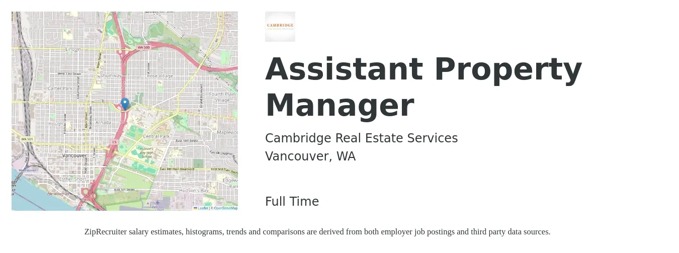 Cambridge Real Estate Services job posting for a Assistant Property Manager in Vancouver, WA with a salary of $22 to $24 Hourly with a map of Vancouver location.