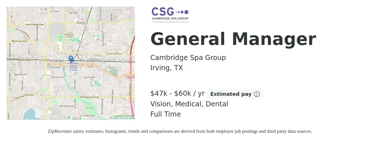 Cambridge Spa Group job posting for a General Manager in Irving, TX with a salary of $47,000 to $60,000 Yearly (plus commission) and benefits including life_insurance, medical, pto, vision, and dental with a map of Irving location.